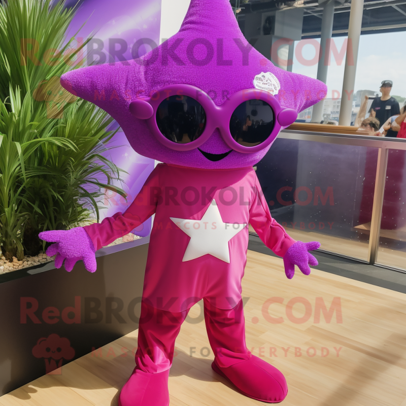 Magenta Starfish mascot costume character dressed with a Overalls and Sunglasses