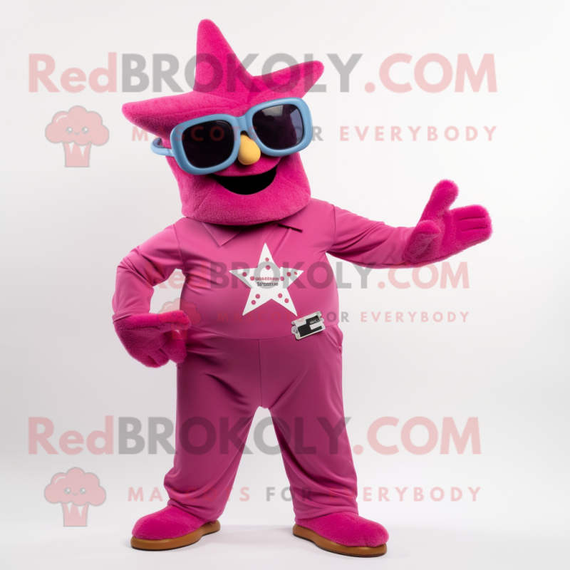 Magenta Starfish mascot costume character dressed with a Overalls and Sunglasses