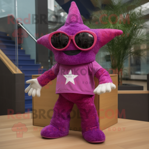 Magenta Starfish mascot costume character dressed with a Overalls and Sunglasses