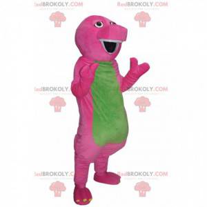 Mascota de dinosaurio cómico fucsia y verde. Disfraz de