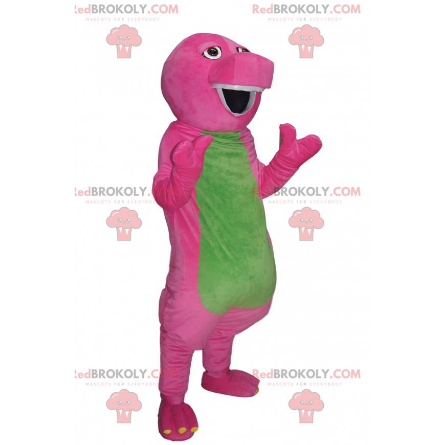 Mascotte de dinosaure comique fushia et vert. Costume de