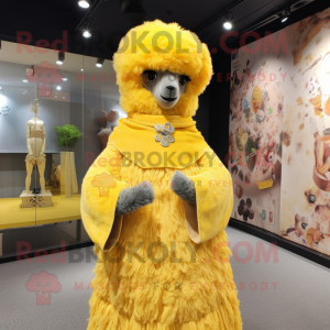 Yellow Alpaca mascot costume character dressed with a Mini Dress and Shawl pins