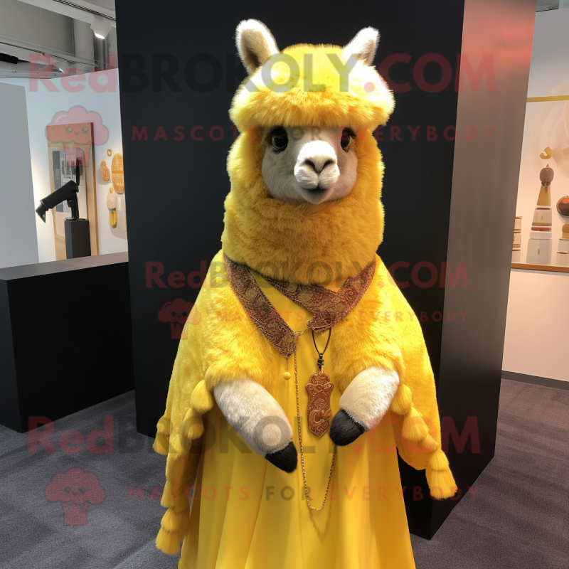 Yellow Alpaca mascot costume character dressed with a Mini Dress and Shawl pins Yellow Alpaca mascot costume character dressed with a Mini Dress and Shawl pins