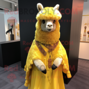 Yellow Alpaca mascot costume character dressed with a Mini Dress and Shawl pins
