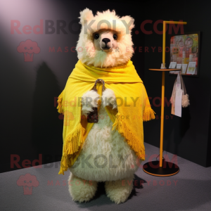 Yellow Alpaca mascot costume character dressed with a Mini Dress and Shawl pins