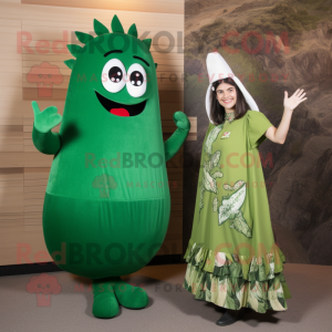 Forest Green Enchiladas mascot costume character dressed with a Midi Dress and Brooches