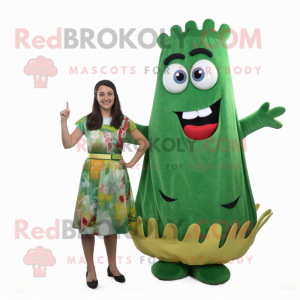 Forest Green Enchiladas mascot costume character dressed with a Midi Dress and Brooches