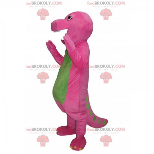 Mascota de dinosaurio cómico fucsia y verde. Disfraz de
