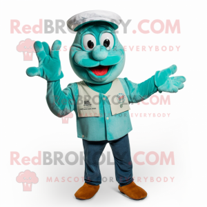 Teal Lobster mascot costume character dressed with a Henley Shirt and Gloves