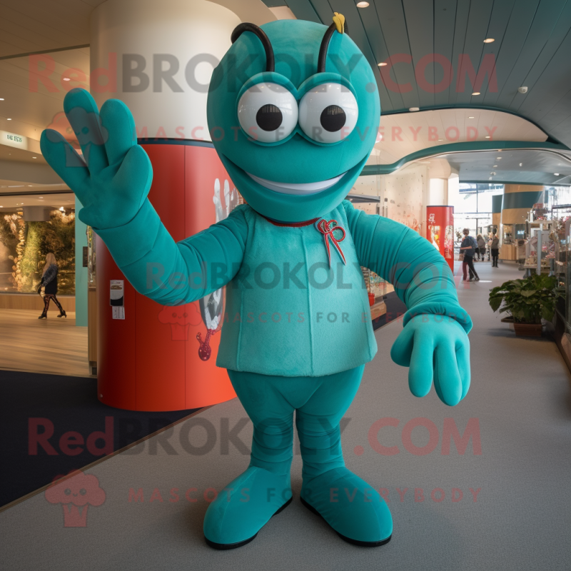 Teal Lobster mascot costume character dressed with a Henley Shirt and Gloves