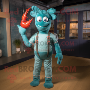 Teal Lobster mascot costume character dressed with a Henley Shirt and Gloves