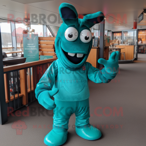 Teal Lobster mascot costume character dressed with a Henley Shirt and Gloves