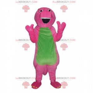 Mascotte di dinosauro comico fucsia e verde. Costume da