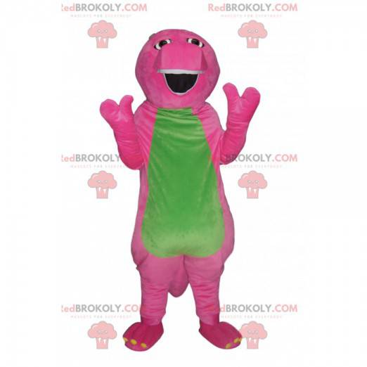 Fuchsia and green comic dinosaur mascot. Dinosaur costume -