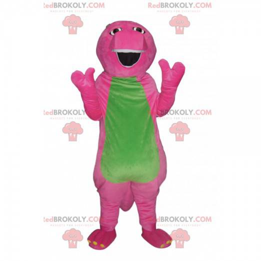 Fuchsia og grøn komisk dinosaur maskot. Dinosaur kostume -