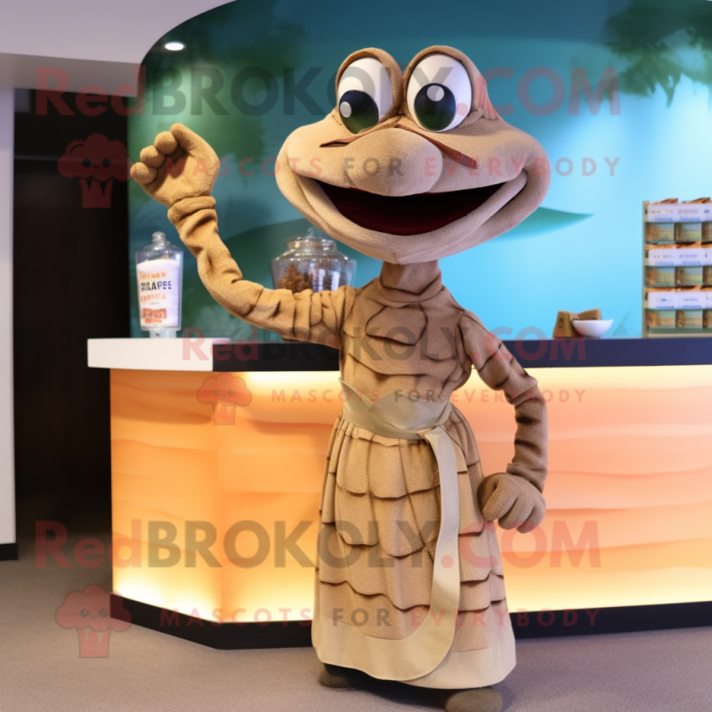 Tan Snake mascot costume character dressed with a Cocktail Dress and Coin purses Tan Snake mascot costume character dressed with a Cocktail Dress and Coin purses