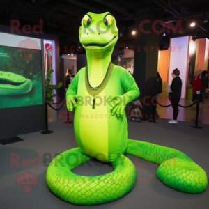 Lime Green Anaconda mascot costume character dressed with a Leggings and Necklaces