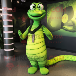 Lime Green Anaconda mascot costume character dressed with a Leggings and Necklaces