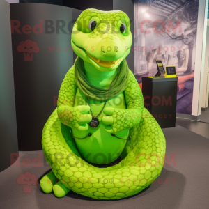 Lime Green Anaconda mascot costume character dressed with a Leggings and Necklaces