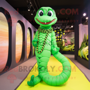 Lime Green Anaconda mascot costume character dressed with a Leggings and Necklaces