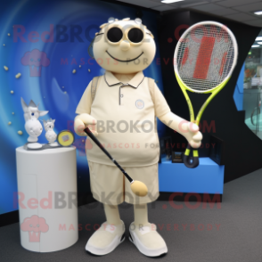 Cream Tennis Racket mascot costume character dressed with a Suit Pants and Necklaces