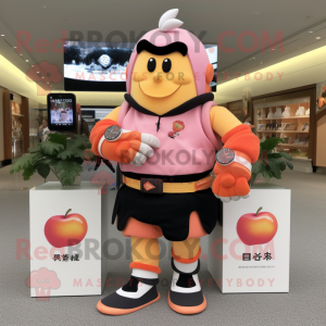 Peach Samurai mascot costume character dressed with a Running Shorts and Digital watches