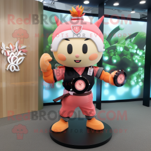 Peach Samurai mascot costume character dressed with a Running Shorts and Digital watches