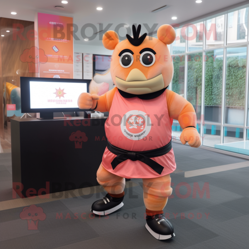 Peach Samurai mascot costume character dressed with a Running Shorts and Digital watches