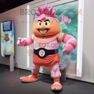 Peach Samurai mascot costume character dressed with a Running Shorts and Digital watches
