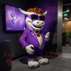 Purple Hereford Cow mascot costume character dressed with a Suit and Sunglasses