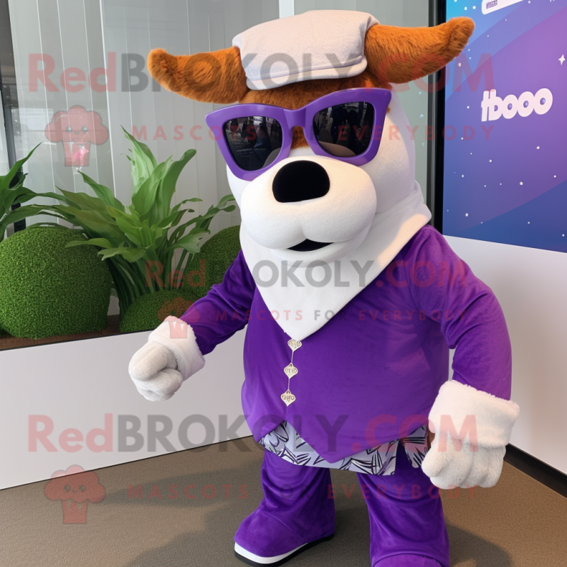 Purple Hereford Cow mascot costume character dressed with a Suit and Sunglasses