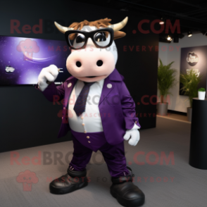 Purple Hereford Cow mascot costume character dressed with a Suit and Sunglasses