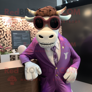 Purple Hereford Cow mascot costume character dressed with a Suit and Sunglasses