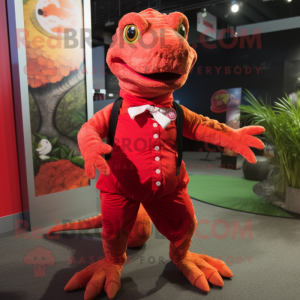 Red Lizard mascot costume character dressed with a Skirt and Suspenders