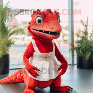 Red Lizard mascot costume character dressed with a Skirt and Suspenders