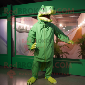 Green Iguanodon mascot costume character dressed with a Windbreaker and Wraps
