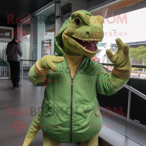 Green Iguanodon mascot costume character dressed with a Windbreaker and Wraps