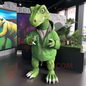 Green Iguanodon mascot costume character dressed with a Windbreaker and Wraps