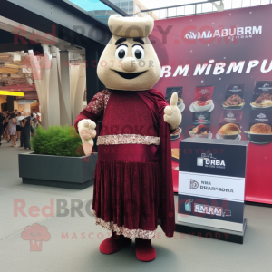 Maroon Biryani mascot costume character dressed with a Empire Waist Dress and Cummerbunds