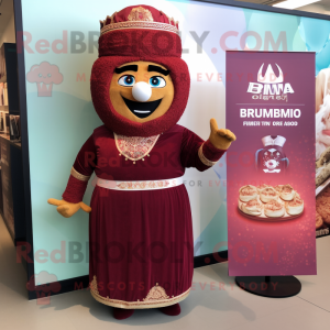 Maroon Biryani mascot costume character dressed with a Empire Waist Dress and Cummerbunds