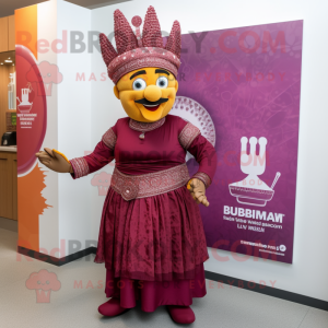 Maroon Biryani mascot costume character dressed with a Empire Waist Dress and Cummerbunds