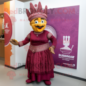 Maroon Biryani mascot costume character dressed with a Empire Waist Dress and Cummerbunds