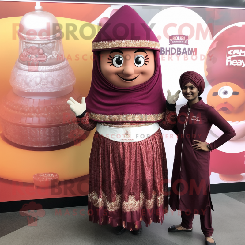 Maroon Biryani mascot costume character dressed with a Empire Waist Dress and Cummerbunds