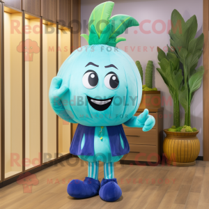 Cyan Turnip mascot costume character dressed with a Culottes and Headbands