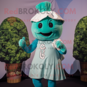 Cyan Turnip mascot costume character dressed with a Culottes and Headbands