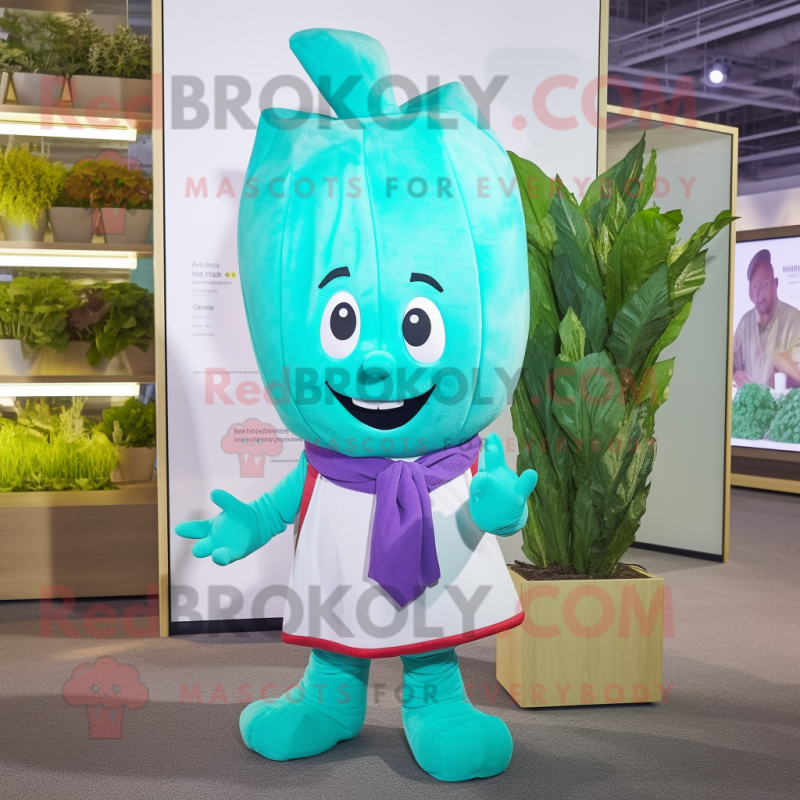 Cyan Turnip mascot costume character dressed with a Culottes and Headbands