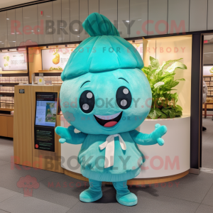 Cyan Turnip mascot costume character dressed with a Culottes and Headbands