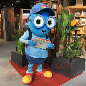 Blue Shakshuka mascot costume character dressed with a Denim Shorts and Reading glasses