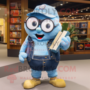 Blue Shakshuka mascot costume character dressed with a Denim Shorts and Reading glasses