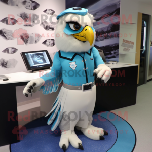 Sky Blue Falcon mascot costume character dressed with a Pencil Skirt and Watches